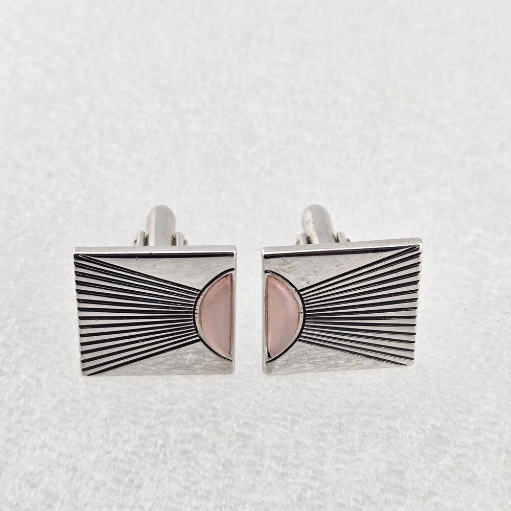 SWANK Vintage 1960s Cufflinks Pink Cabochon Art Sunrise Sunburst Silver Tone